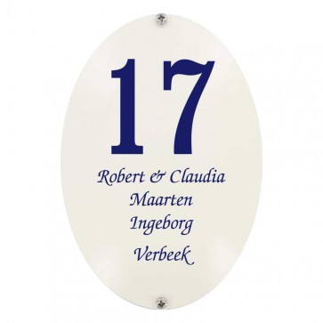 Emaille naambord ovaal 11 x 16 cm ivoor-blauw gebold