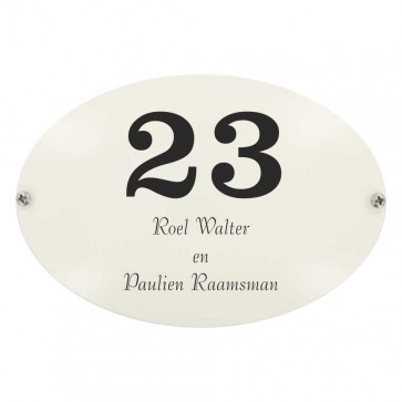 Emaille naamplaat ovaal 16 x 11 cm ivoor-zwart gebold