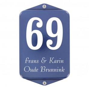 Emaille naambord 12 x 20 cm blauw-wit met oor