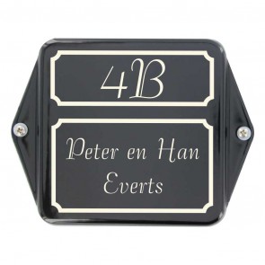 Emaille naambord 15 x 12 cm zwart-ivoor met oor